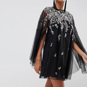 ASOS DESIGN mini dress with heavily embellished cape - US 0